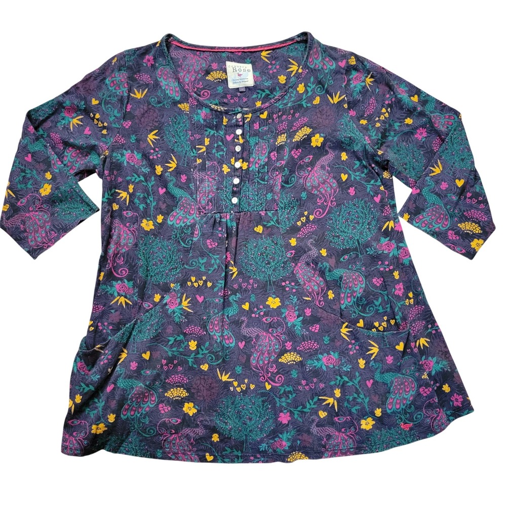 Country Rose‎ M Purple Peacock Floral Cotton Tunic Top 3/4 Sleeve Pockets Whimsy